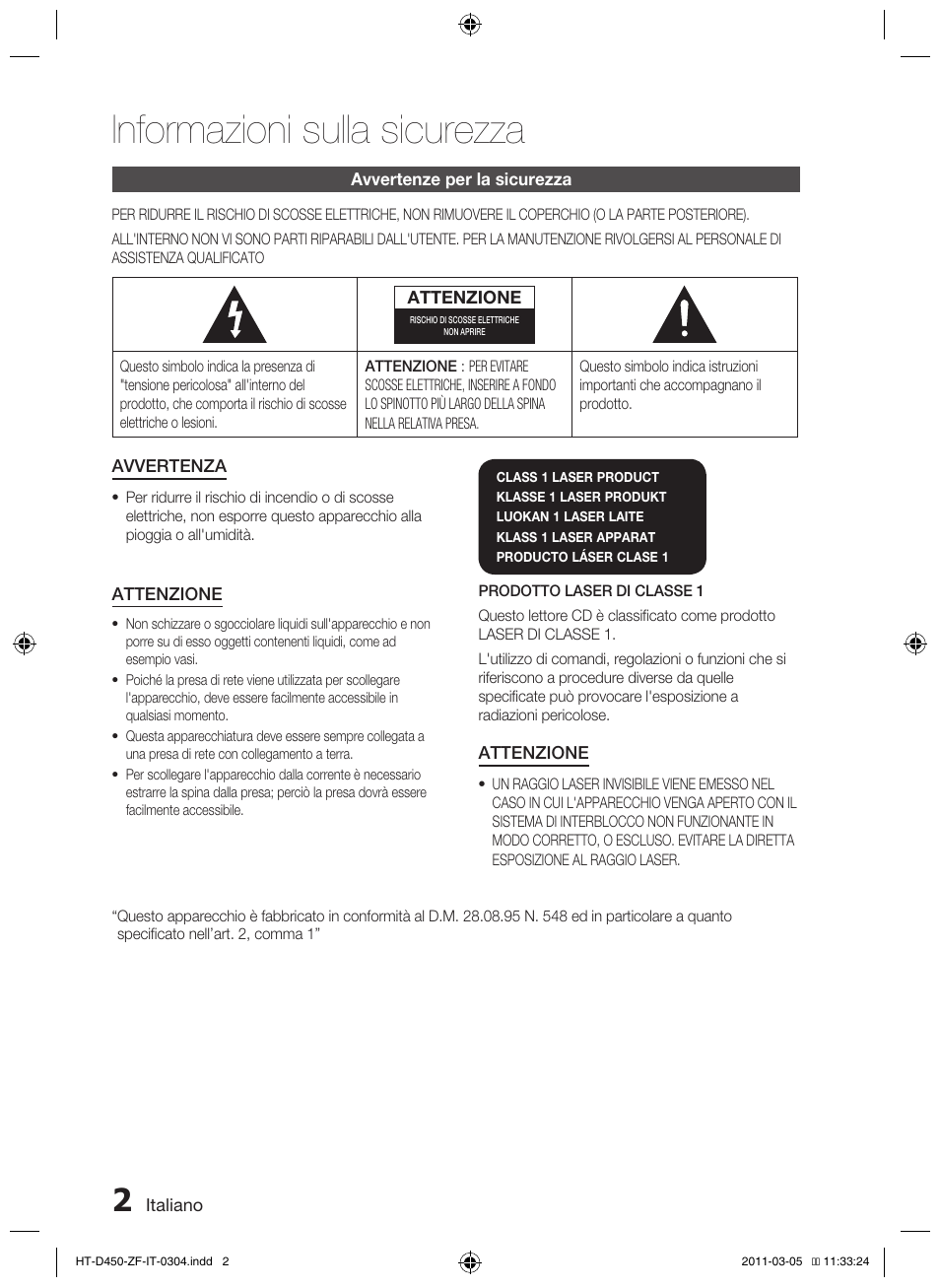 Informazioni sulla sicurezza | Samsung HT-D450 User Manual | Page 128 / 168