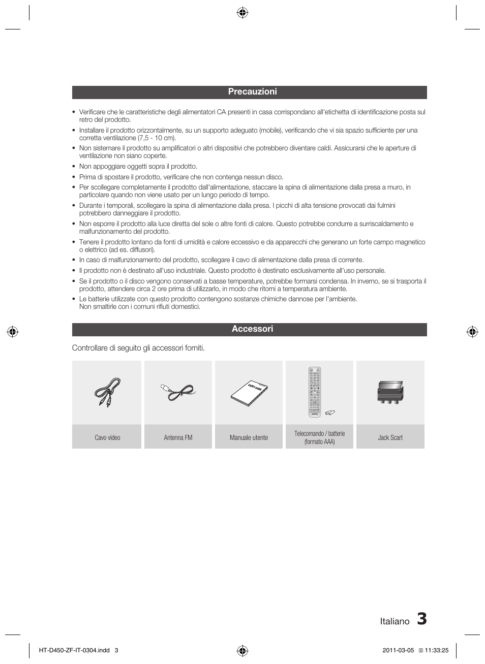 Italiano, Accessori, Precauzioni | Samsung HT-D450 User Manual | Page 129 / 168