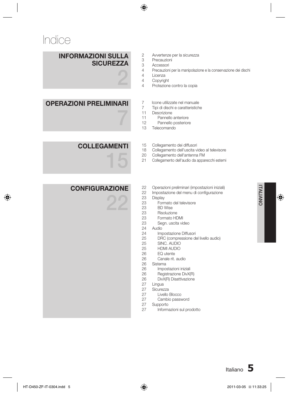 Indice, Informazioni sulla sicurezza, Operazioni preliminari | Collegamenti, Configurazione | Samsung HT-D450 User Manual | Page 131 / 168