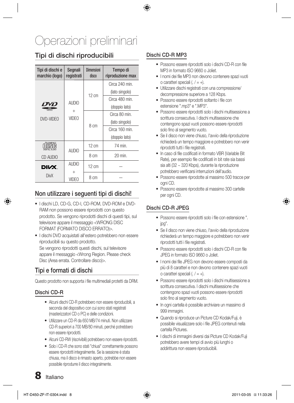 Operazioni preliminari, Tipi di dischi riproducibili, Non utilizzare i seguenti tipi di dischi | Tipi e formati di dischi | Samsung HT-D450 User Manual | Page 134 / 168