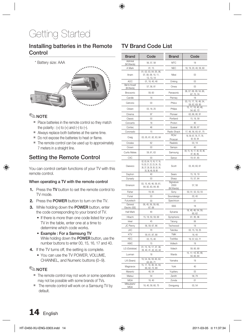 Getting started, Installing batteries in the remote control, Setting the remote control | Tv brand code list, English, Battery size: aaa | Samsung HT-D450 User Manual | Page 14 / 168