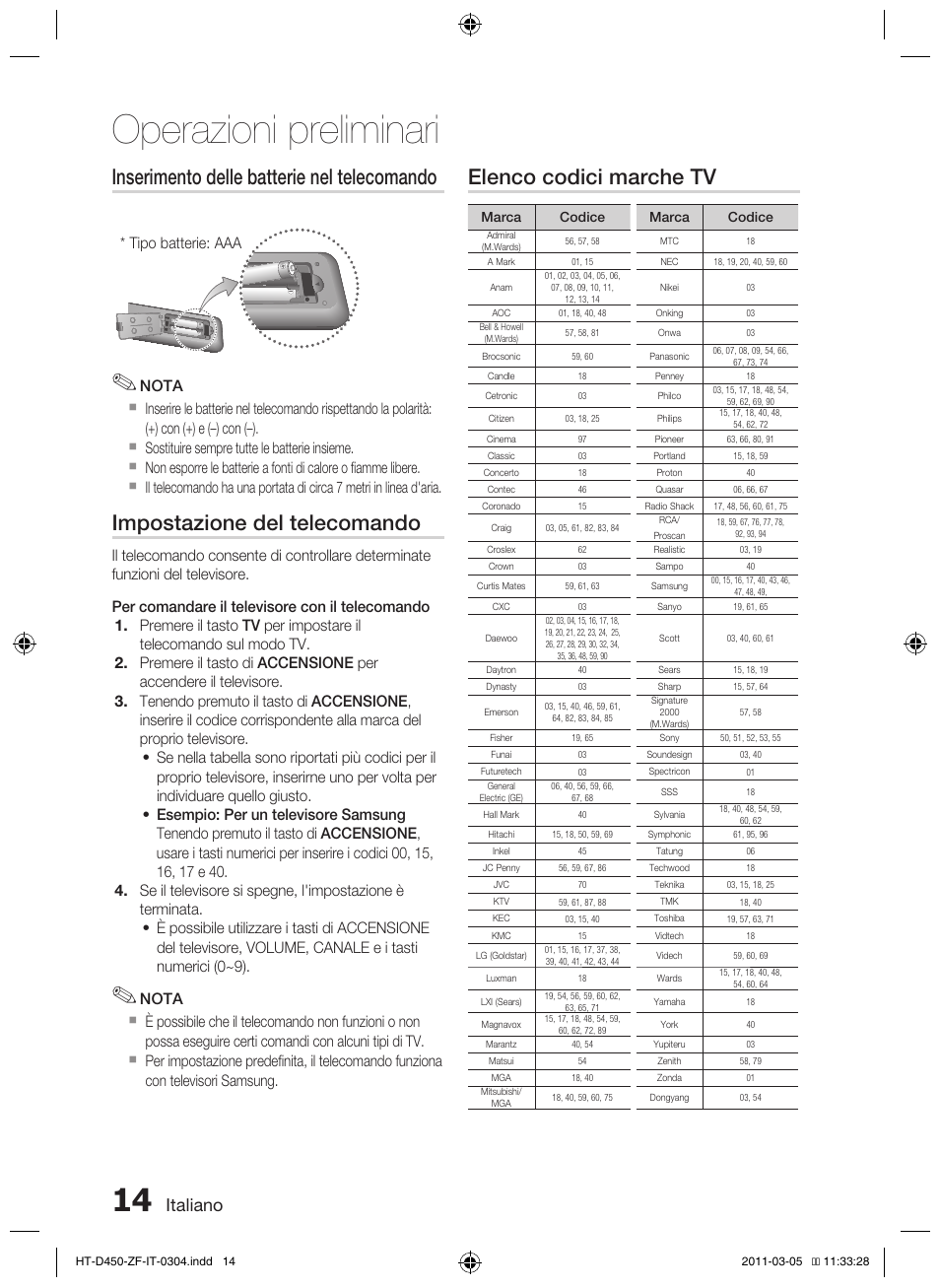 Operazioni preliminari, Inserimento delle batterie nel telecomando, Impostazione del telecomando | Elenco codici marche tv, Italiano, Tipo batterie: aaa | Samsung HT-D450 User Manual | Page 140 / 168