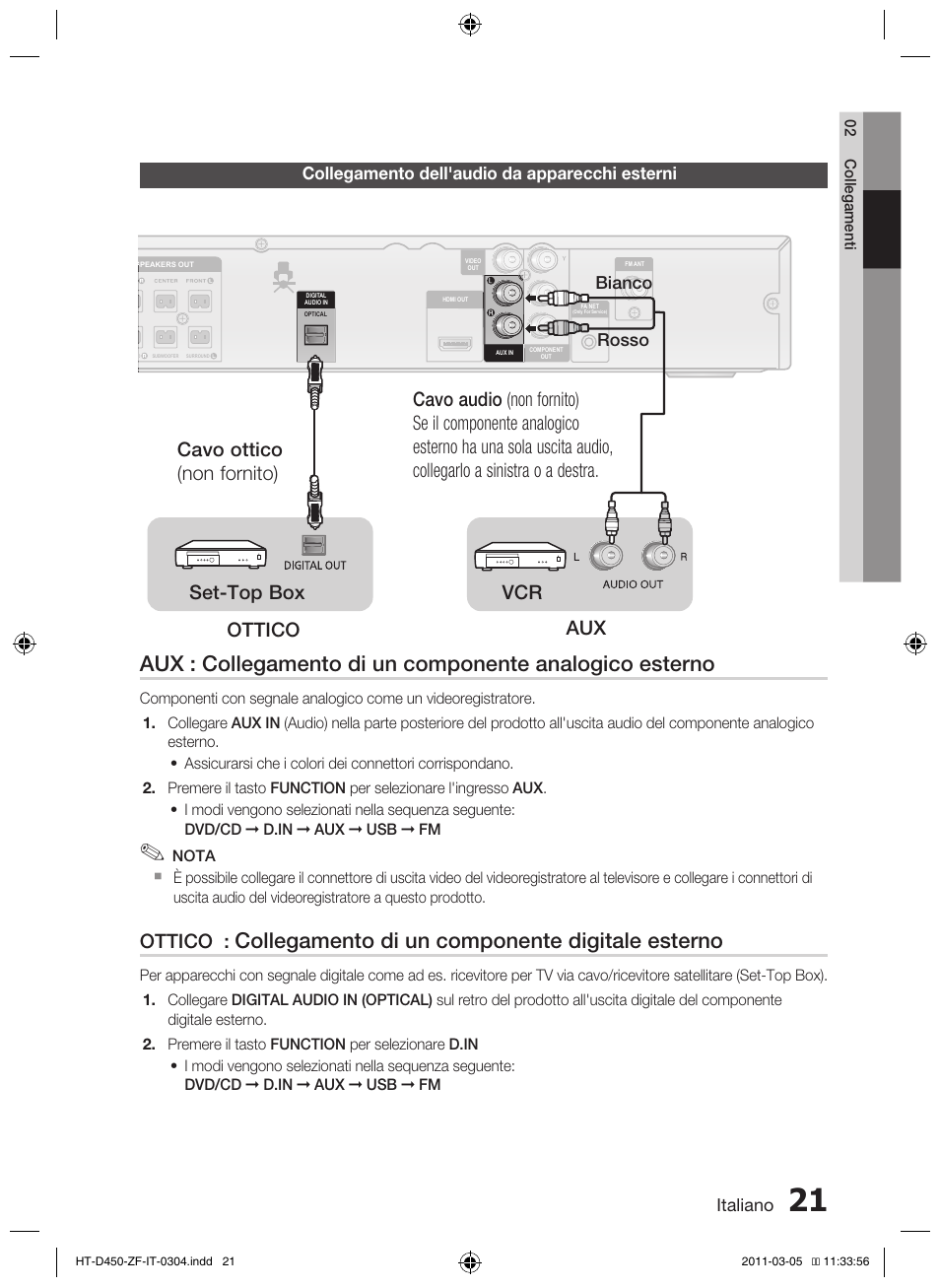 Collegamento di un componente digitale esterno, Ottico | Samsung HT-D450 User Manual | Page 147 / 168