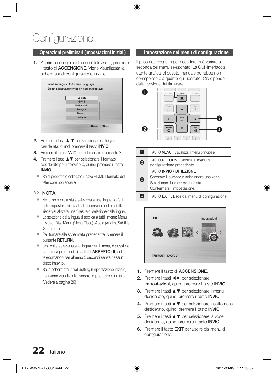 Configurazione | Samsung HT-D450 User Manual | Page 148 / 168