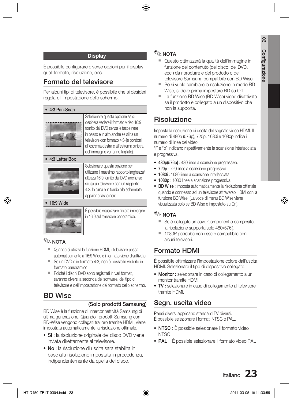 Bd wise, Risoluzione, Formato del televisore | Formato hdmi, Segn. uscita video | Samsung HT-D450 User Manual | Page 149 / 168