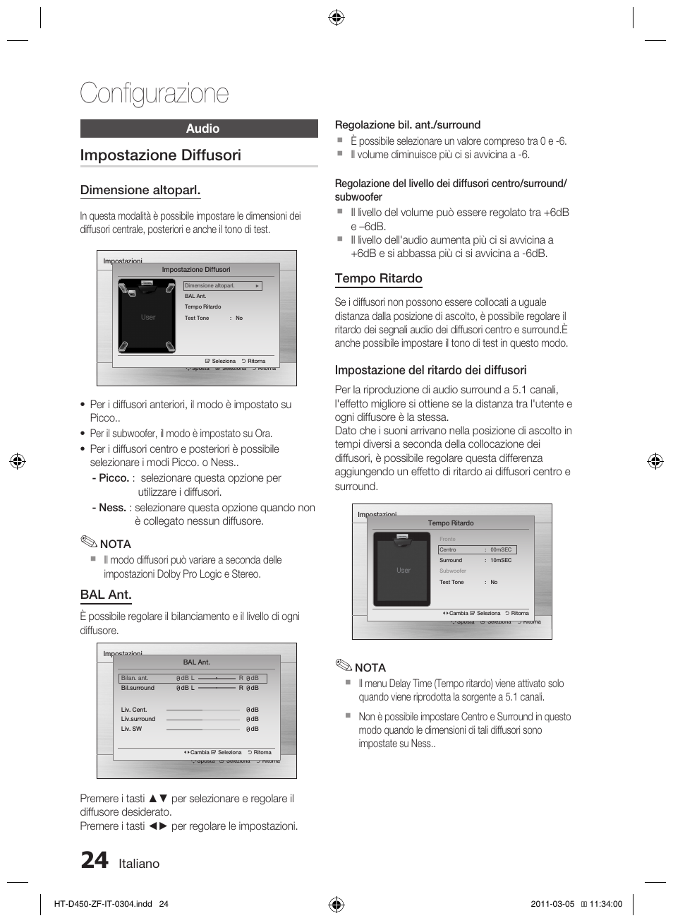 Configurazione, Impostazione diffusori | Samsung HT-D450 User Manual | Page 150 / 168