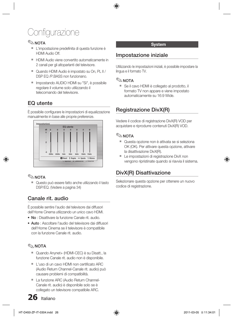 Configurazione, Eq utente, Canale rit. audio | Impostazione iniziale, Registrazione divx(r), Divx(r) disattivazione | Samsung HT-D450 User Manual | Page 152 / 168