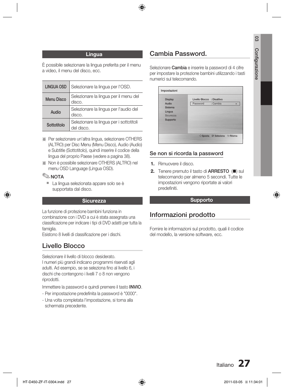 Livello blocco, Cambia password, Informazioni prodotto | Samsung HT-D450 User Manual | Page 153 / 168