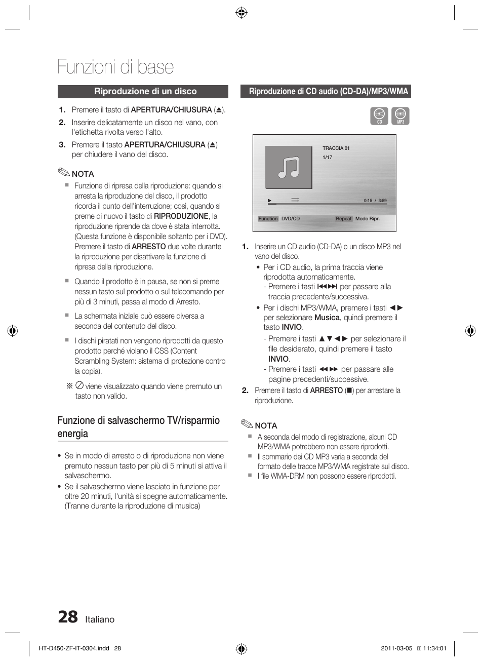 Funzioni di base, Funzione di salvaschermo tv/risparmio energia | Samsung HT-D450 User Manual | Page 154 / 168