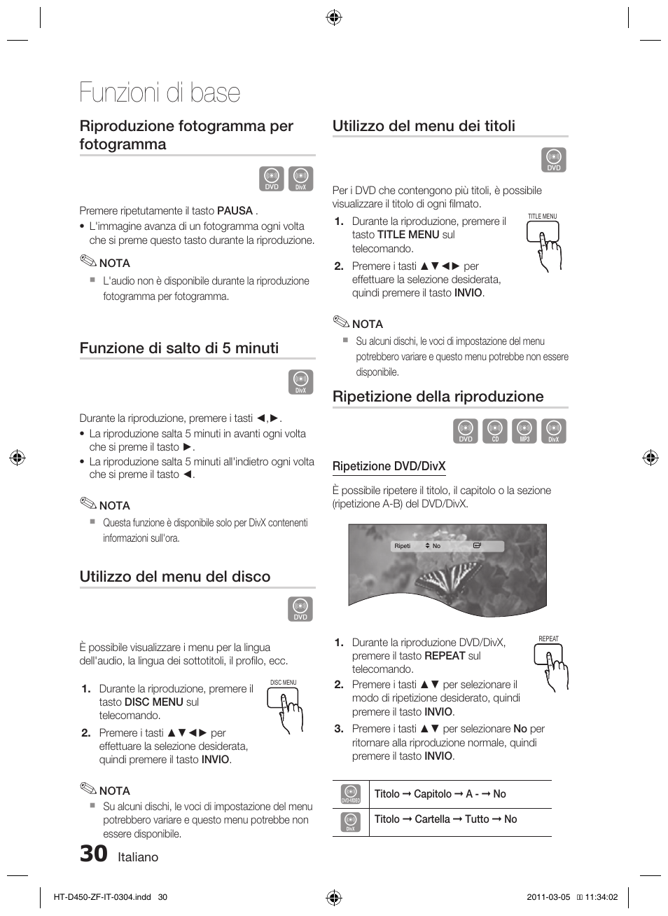 Funzioni di base, Dbad, Riproduzione fotogramma per fotogramma | Funzione di salto di 5 minuti, Utilizzo del menu del disco, Utilizzo del menu dei titoli, Ripetizione della riproduzione | Samsung HT-D450 User Manual | Page 156 / 168