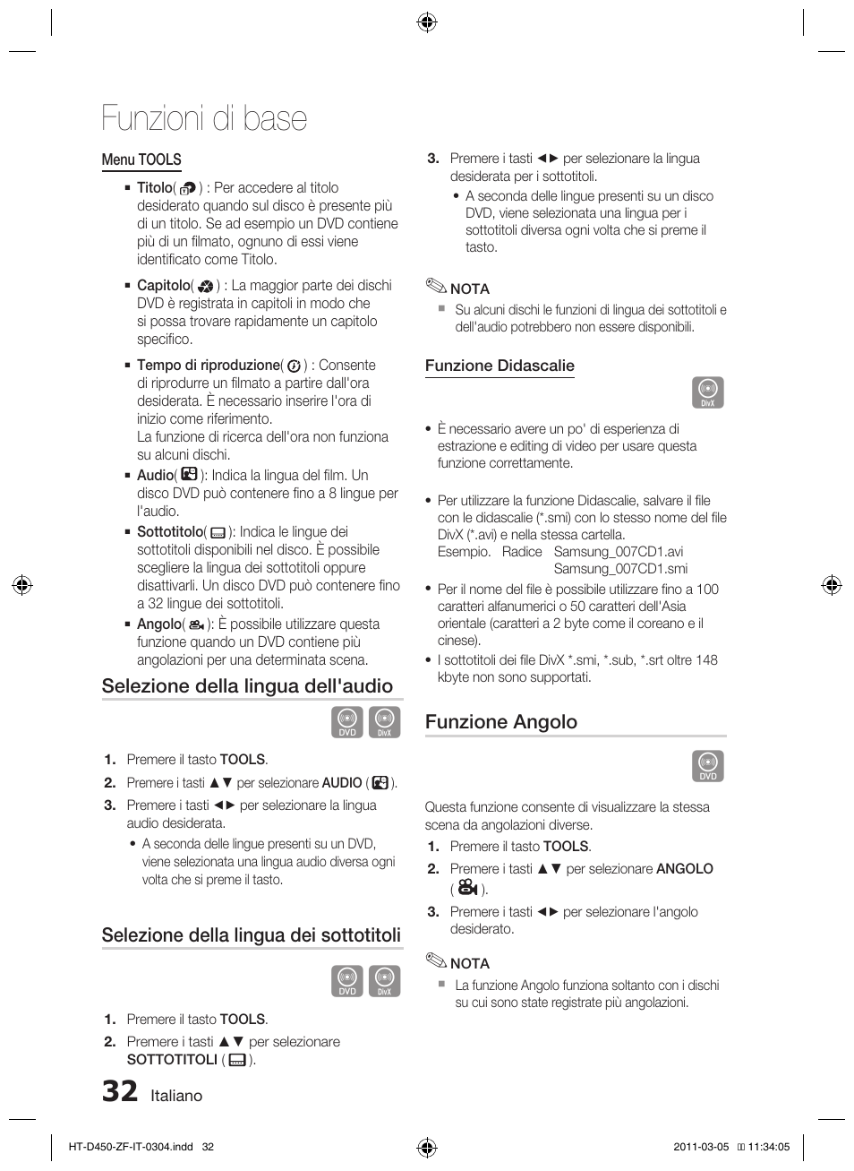 Funzioni di base | Samsung HT-D450 User Manual | Page 158 / 168