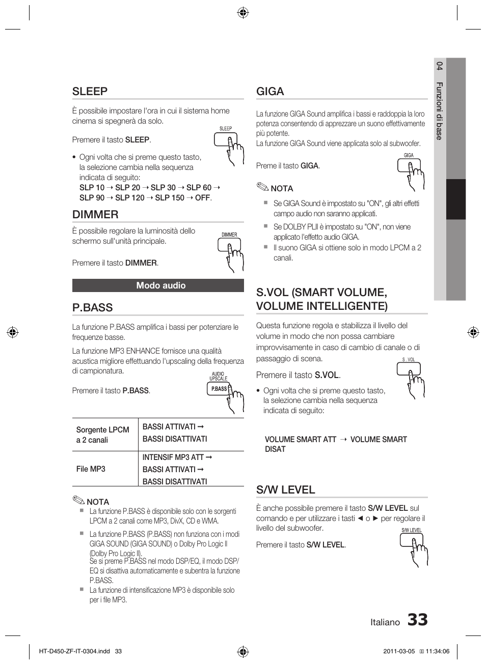 Sleep, Dimmer, P.bass | Giga, S.vol (smart volume, volume intelligente), S/w level | Samsung HT-D450 User Manual | Page 159 / 168