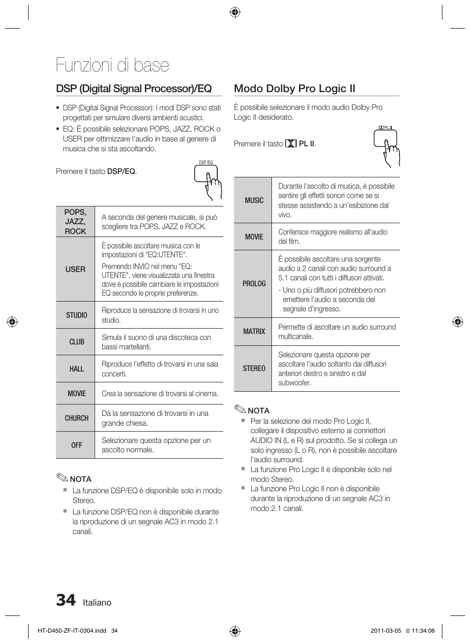 Funzioni di base, Dsp (digital signal processor)/eq, Modo dolby pro logic ii | Samsung HT-D450 User Manual | Page 160 / 168