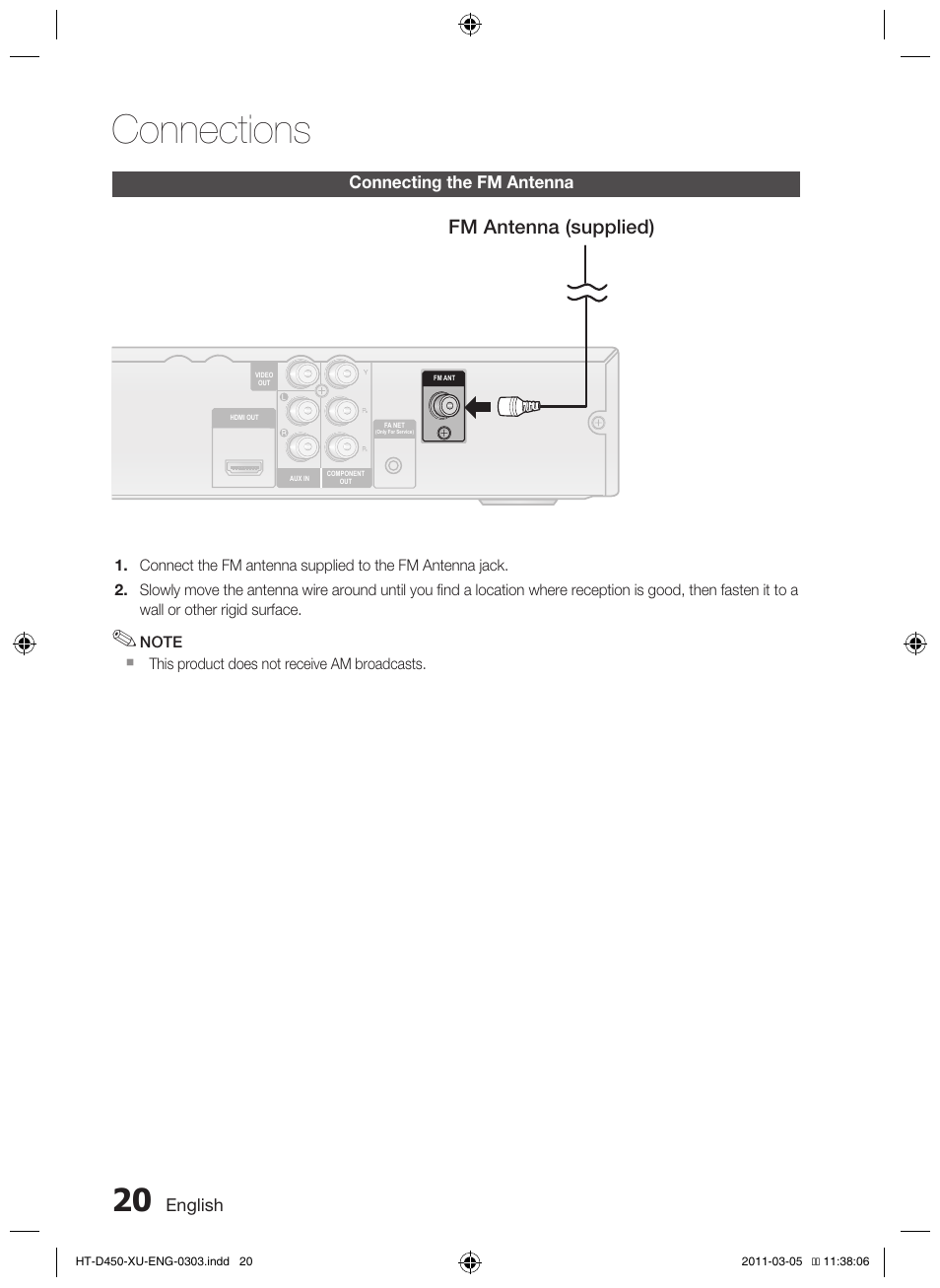 Connections, Fm antenna (supplied) | Samsung HT-D450 User Manual | Page 20 / 168