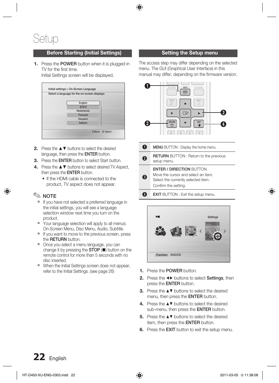 Setup, English, Before starting (initial settings) | Setting the setup menu | Samsung HT-D450 User Manual | Page 22 / 168