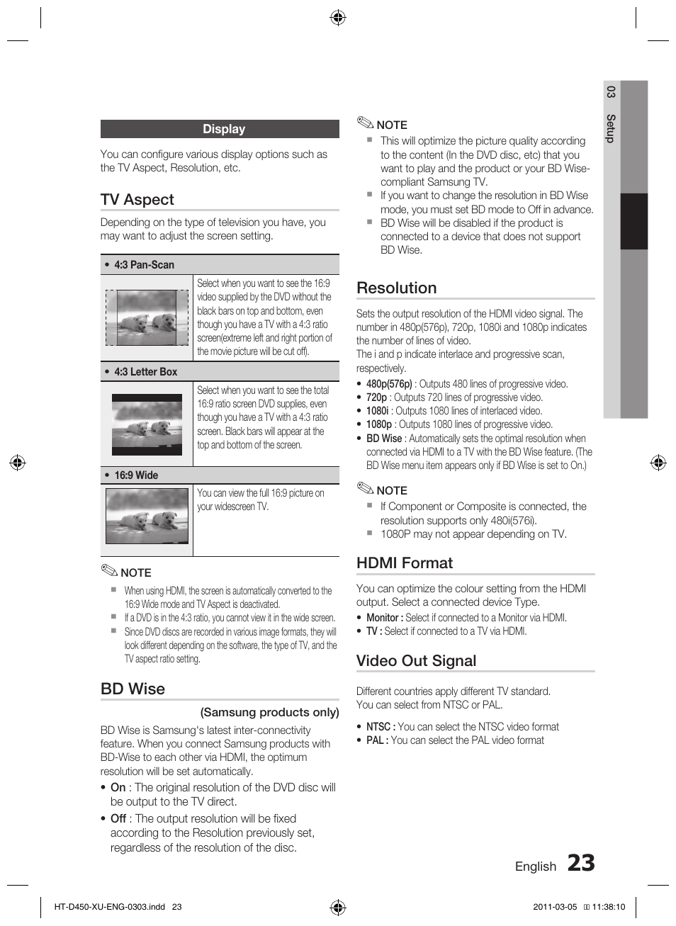 Bd wise, Resolution, Tv aspect | Hdmi format, Video out signal | Samsung HT-D450 User Manual | Page 23 / 168