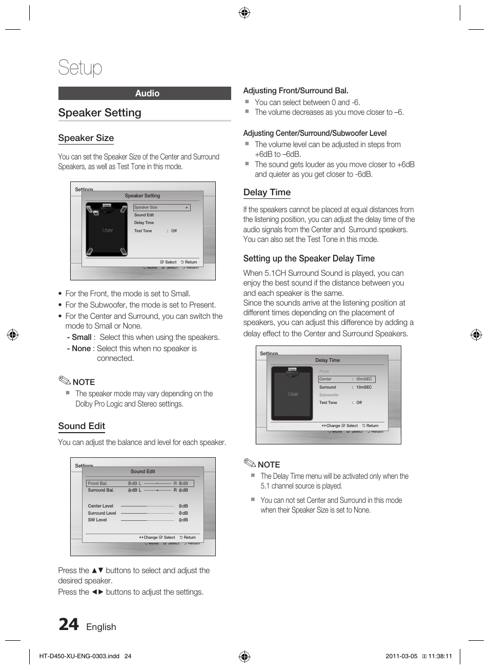 Setup, Speaker setting | Samsung HT-D450 User Manual | Page 24 / 168