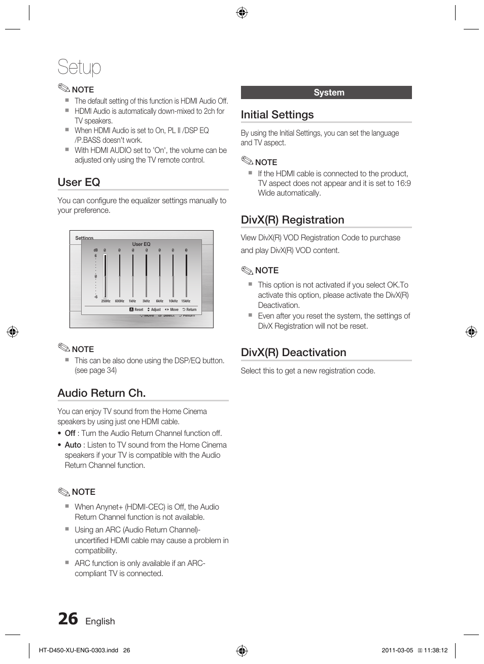 Setup, User eq, Audio return ch | Initial settings, Divx(r) registration, Divx(r) deactivation | Samsung HT-D450 User Manual | Page 26 / 168