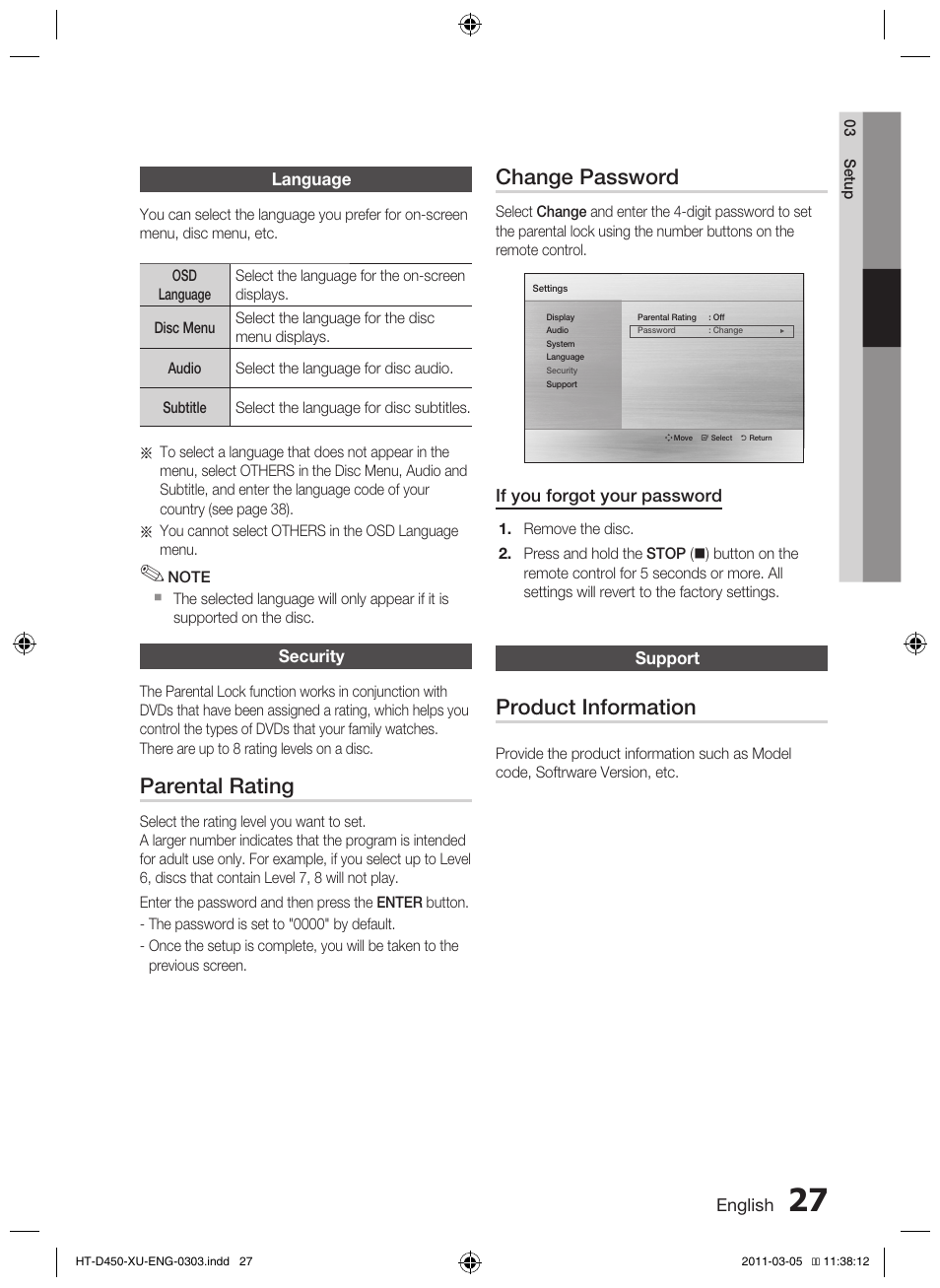 Parental rating, Change password, Product information | Samsung HT-D450 User Manual | Page 27 / 168