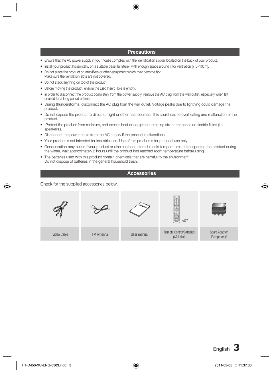 English, Accessories, Precautions | Samsung HT-D450 User Manual | Page 3 / 168