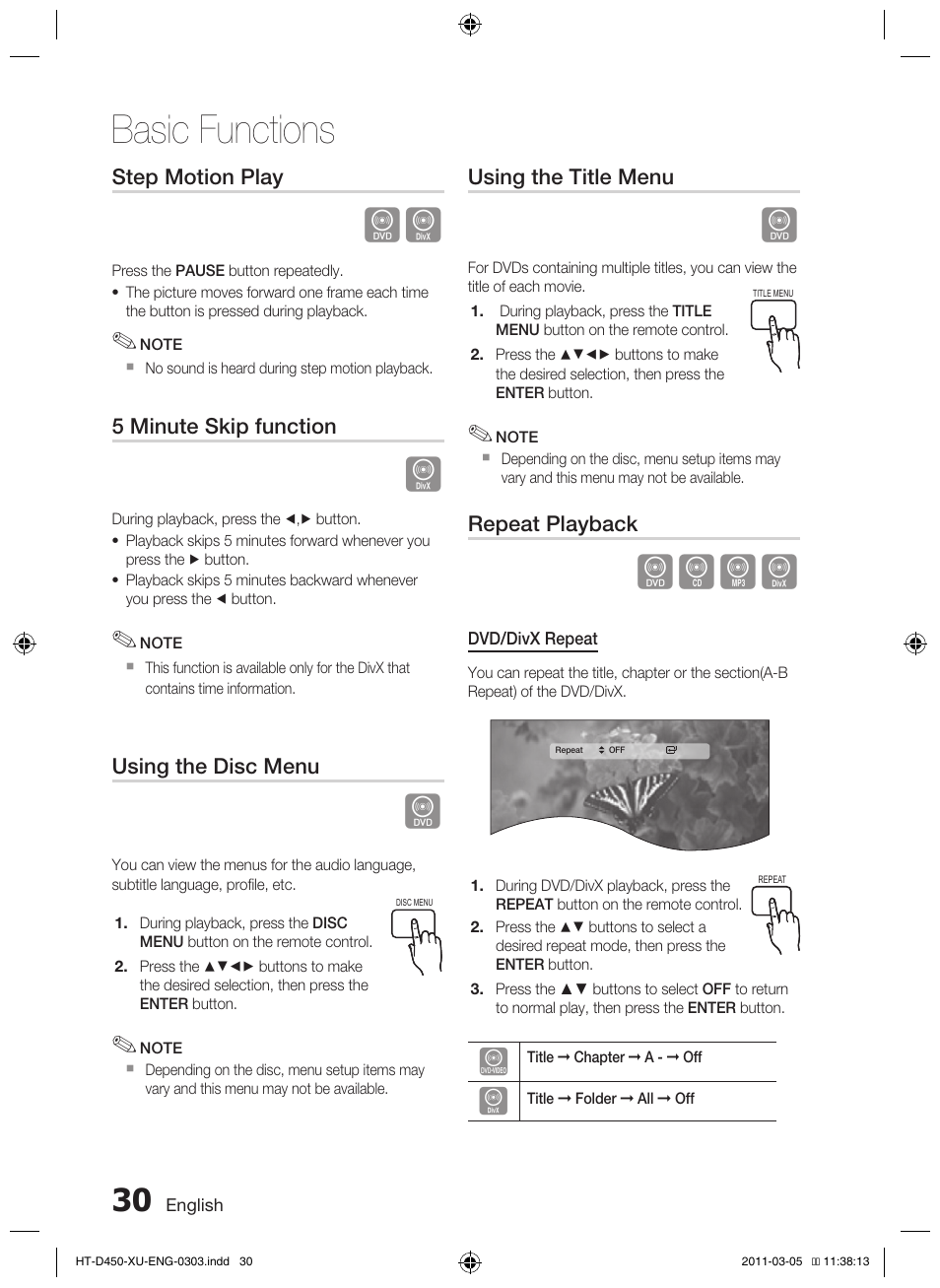 Basic functions, Dbad, Step motion play | 5 minute skip function, Using the disc menu, Using the title menu, Repeat playback | Samsung HT-D450 User Manual | Page 30 / 168