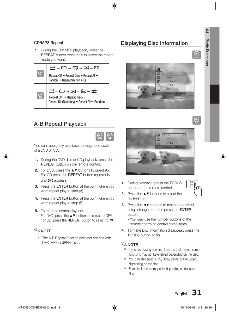 A-b repeat playback, Displaying disc information | Samsung HT-D450 User Manual | Page 31 / 168