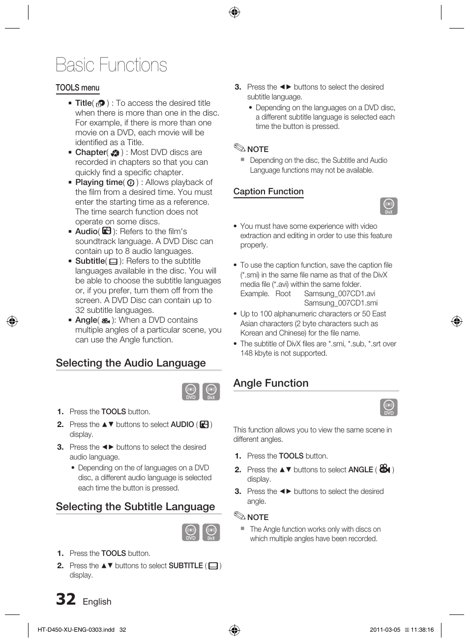 Basic functions | Samsung HT-D450 User Manual | Page 32 / 168