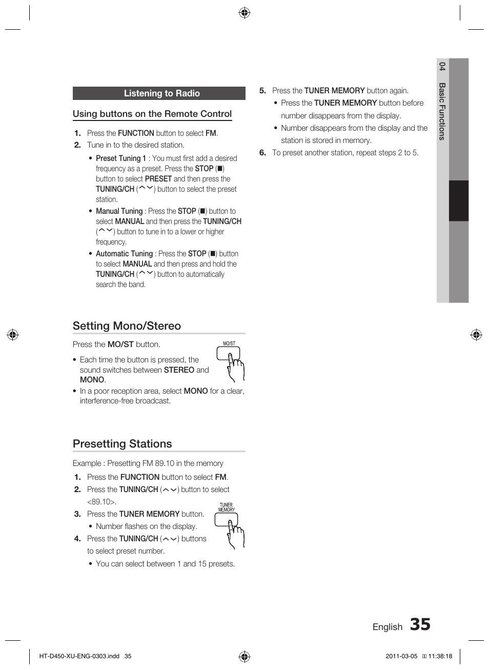 Setting mono/stereo, Presetting stations | Samsung HT-D450 User Manual | Page 35 / 168