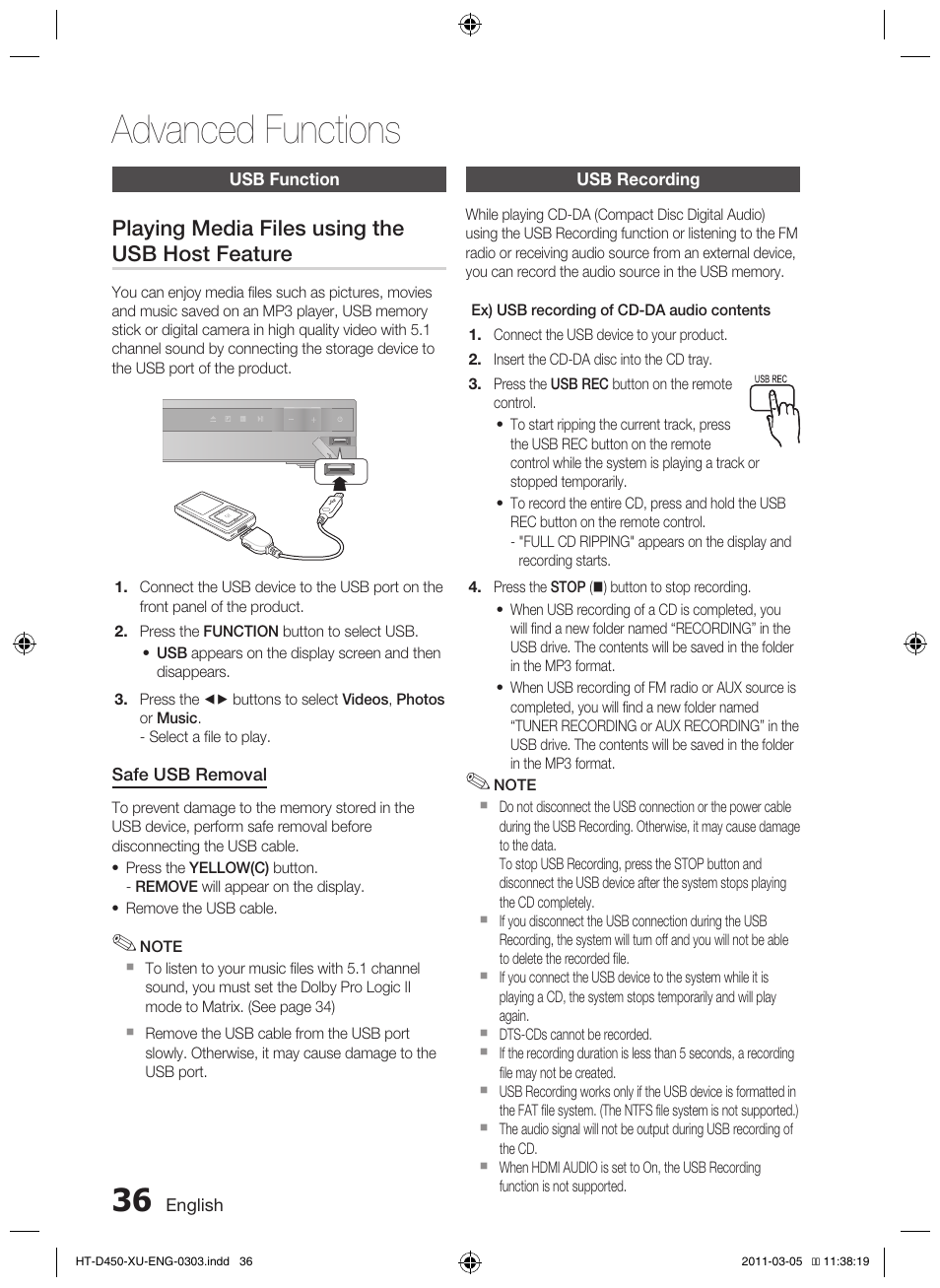 Advanced functions, Playing media files using the usb host feature | Samsung HT-D450 User Manual | Page 36 / 168