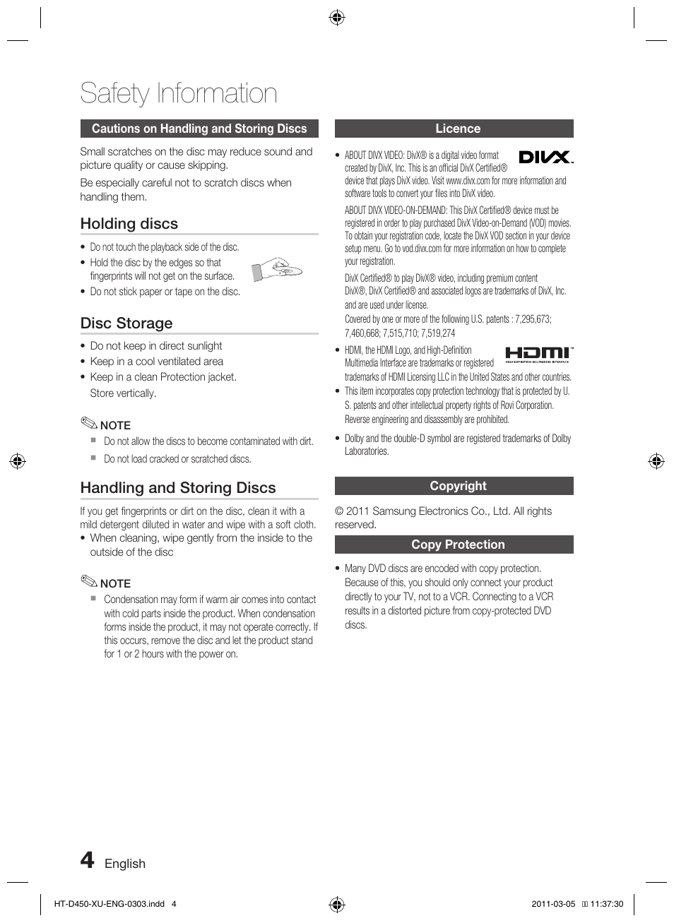 Safety information, Holding discs, Disc storage | Handling and storing discs | Samsung HT-D450 User Manual | Page 4 / 168