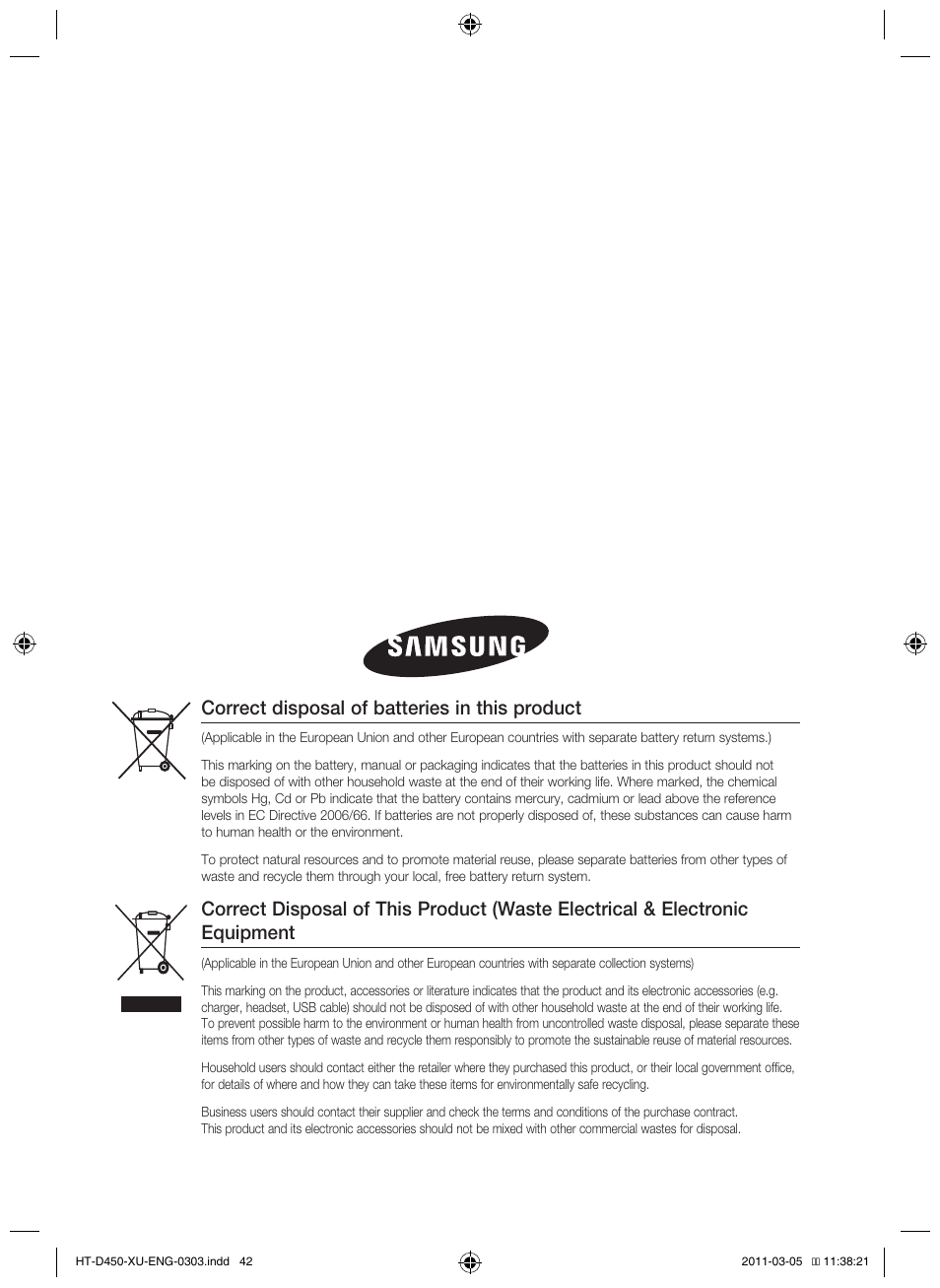 Correct disposal of batteries in this product | Samsung HT-D450 User Manual | Page 42 / 168