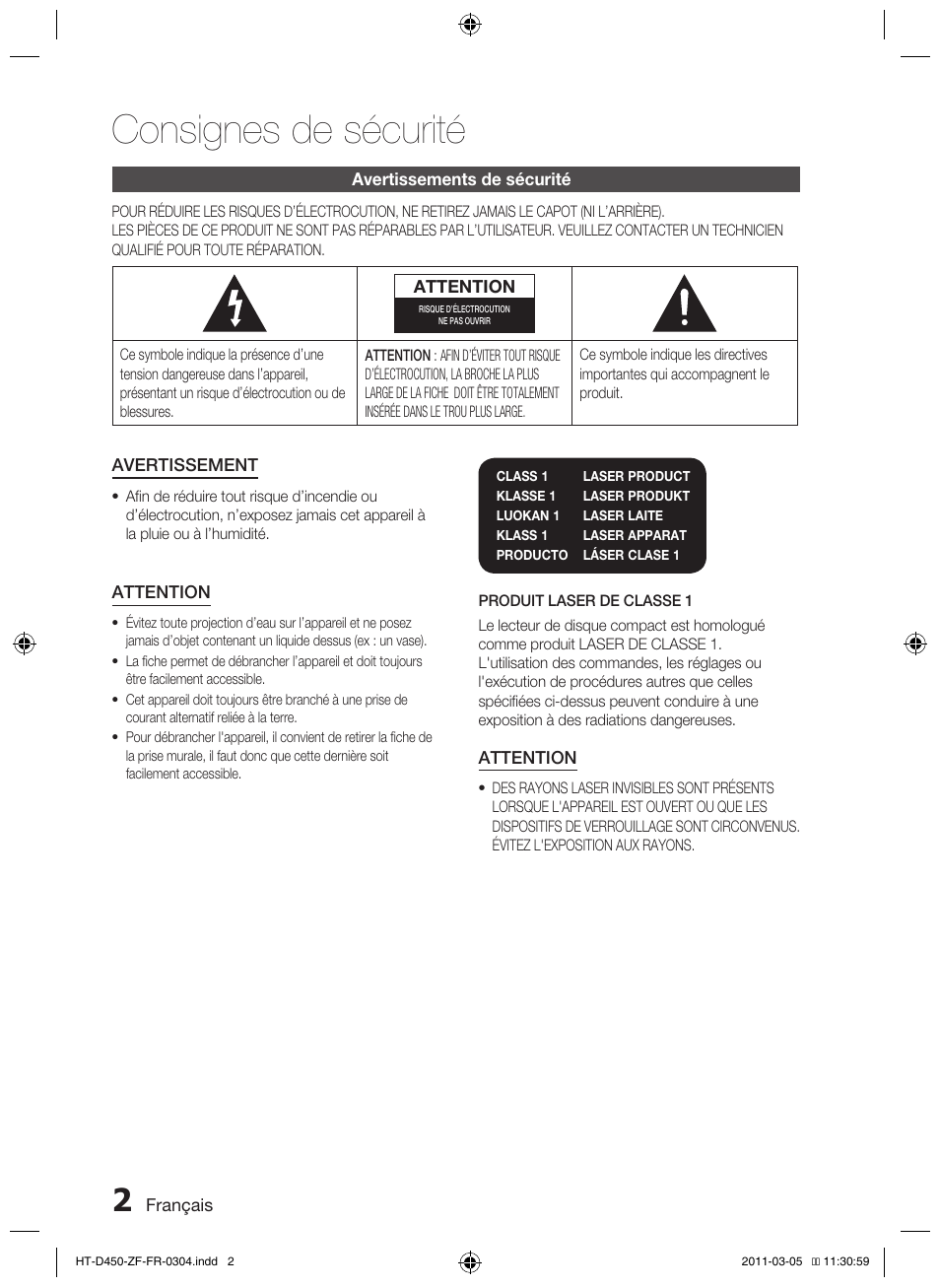 Consignes de sécurité | Samsung HT-D450 User Manual | Page 44 / 168