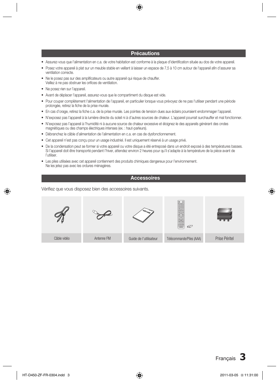 Français, Accessoires, Précautions | Samsung HT-D450 User Manual | Page 45 / 168