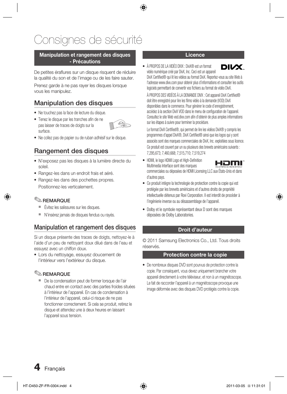 Consignes de sécurité, Manipulation des disques, Rangement des disques | Manipulation et rangement des disques | Samsung HT-D450 User Manual | Page 46 / 168