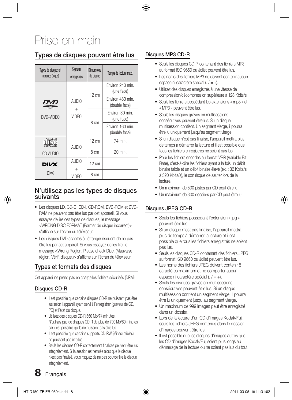 Prise en main, Types de disques pouvant être lus, N’utilisez pas les types de disques suivants | Types et formats des disques | Samsung HT-D450 User Manual | Page 50 / 168