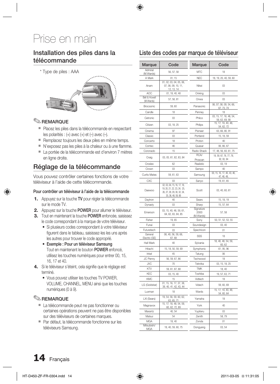 Prise en main, Installation des piles dans la télécommande, Réglage de la télécommande | Liste des codes par marque de téléviseur, Français, Type de piles : aaa | Samsung HT-D450 User Manual | Page 56 / 168