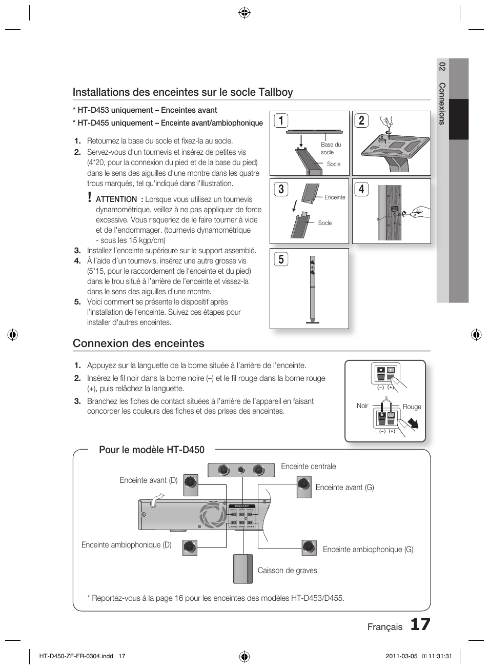 Installations des enceintes sur le socle tallboy, Connexion des enceintes | Samsung HT-D450 User Manual | Page 59 / 168