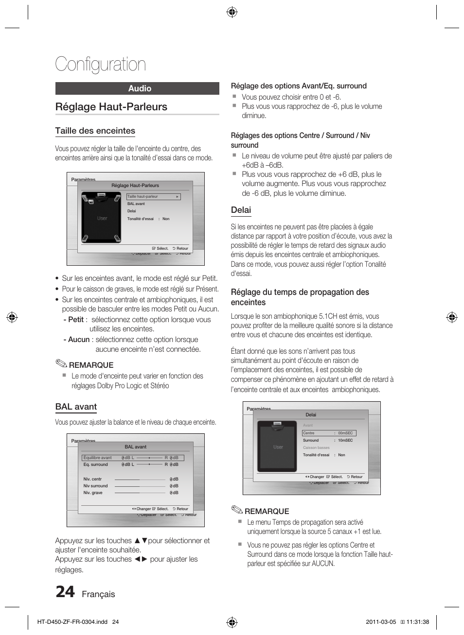 Configuration, Réglage haut-parleurs | Samsung HT-D450 User Manual | Page 66 / 168