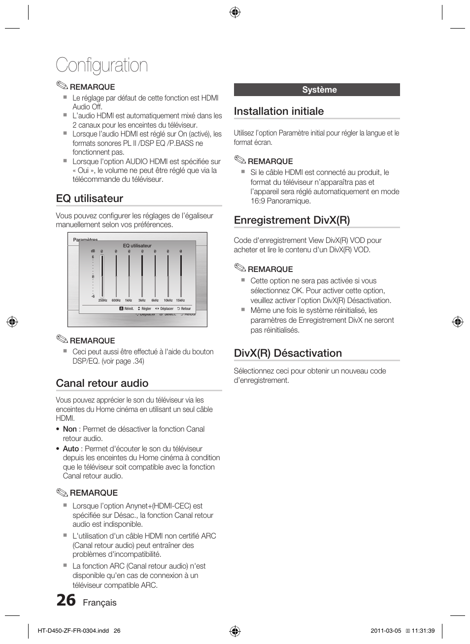 Configuration, Eq utilisateur, Canal retour audio | Installation initiale, Enregistrement divx(r), Divx(r) désactivation | Samsung HT-D450 User Manual | Page 68 / 168