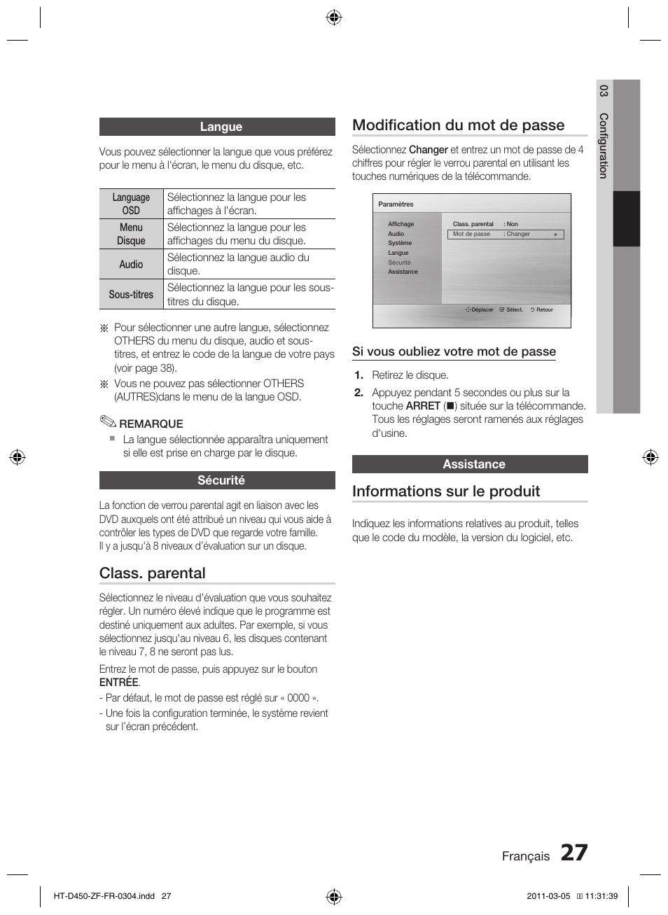 Class. parental, Modification du mot de passe, Informations sur le produit | Samsung HT-D450 User Manual | Page 69 / 168