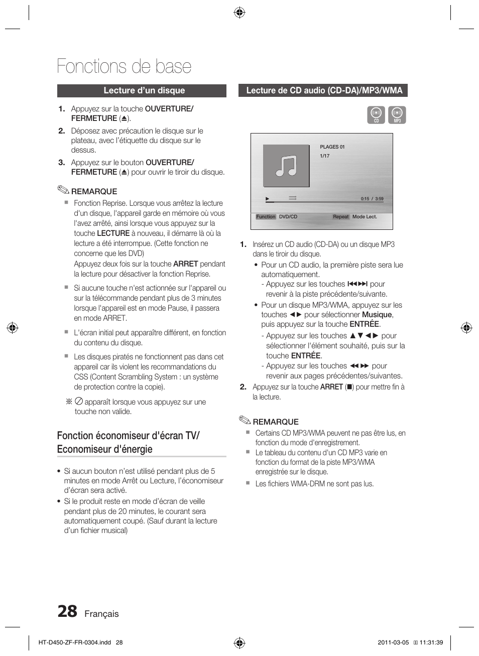 Fonctions de base | Samsung HT-D450 User Manual | Page 70 / 168