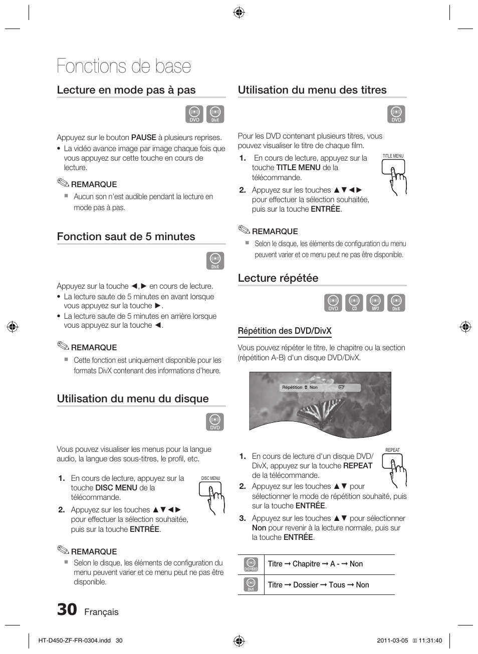 Fonctions de base, Dbad, Lecture en mode pas à pas | Fonction saut de 5 minutes, Utilisation du menu du disque, Utilisation du menu des titres, Lecture répétée | Samsung HT-D450 User Manual | Page 72 / 168