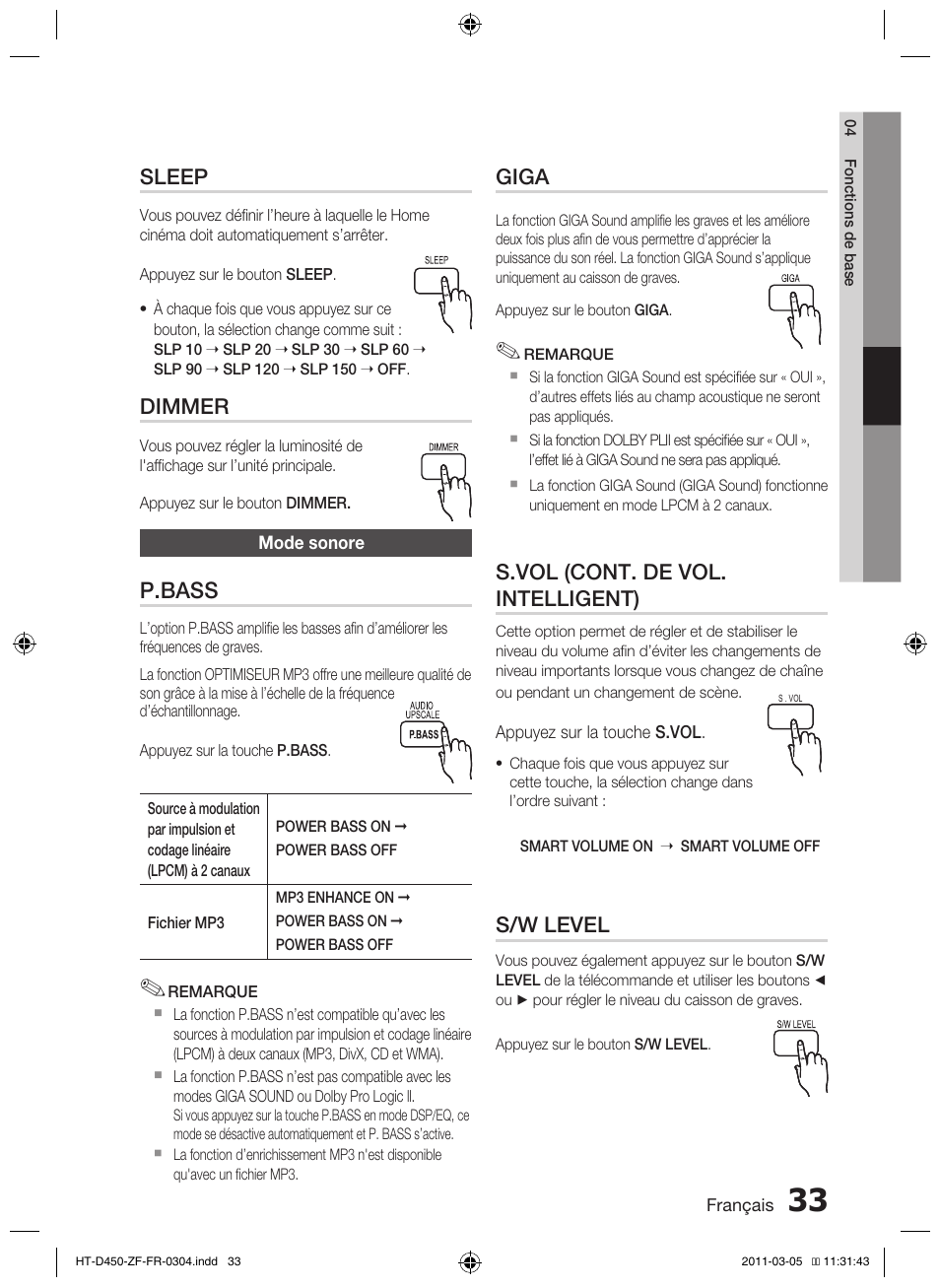 Sleep, Dimmer, P.bass | Giga, S.vol (cont. de vol. intelligent), S/w level | Samsung HT-D450 User Manual | Page 75 / 168