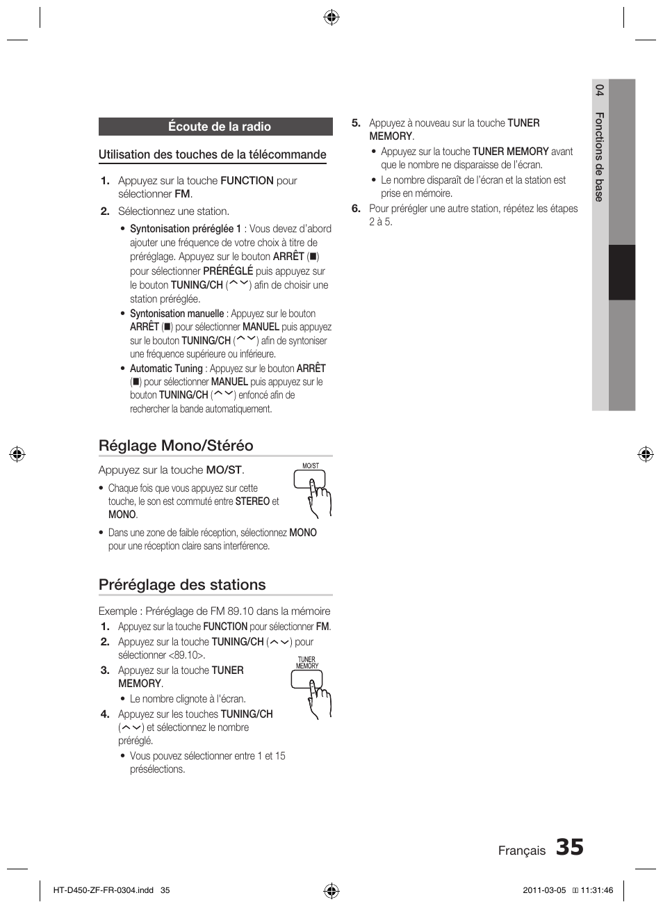 Réglage mono/stéréo, Préréglage des stations | Samsung HT-D450 User Manual | Page 77 / 168