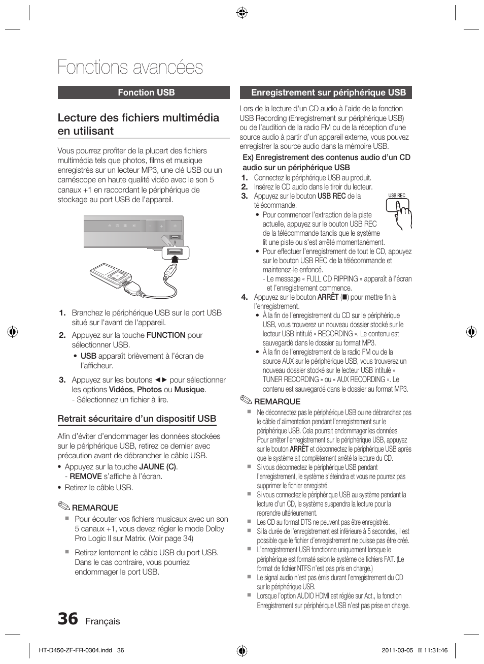 Fonctions avancées, Lecture des fichiers multimédia en utilisant | Samsung HT-D450 User Manual | Page 78 / 168