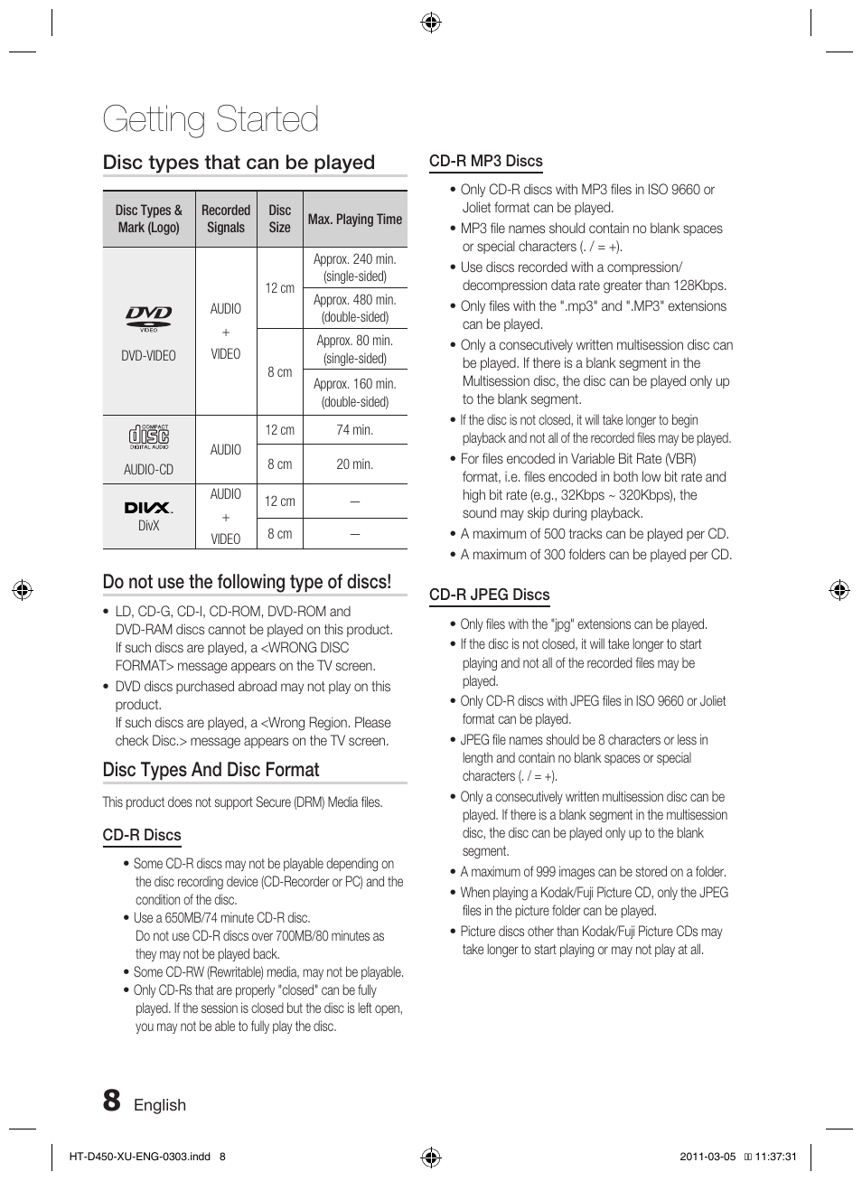 Getting started, Disc types that can be played, Do not use the following type of discs | Disc types and disc format | Samsung HT-D450 User Manual | Page 8 / 168