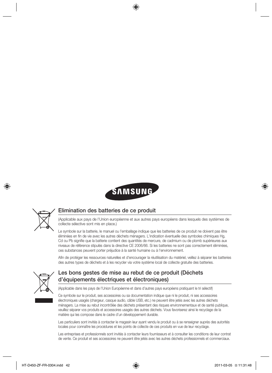 Elimination des batteries de ce produit | Samsung HT-D450 User Manual | Page 84 / 168