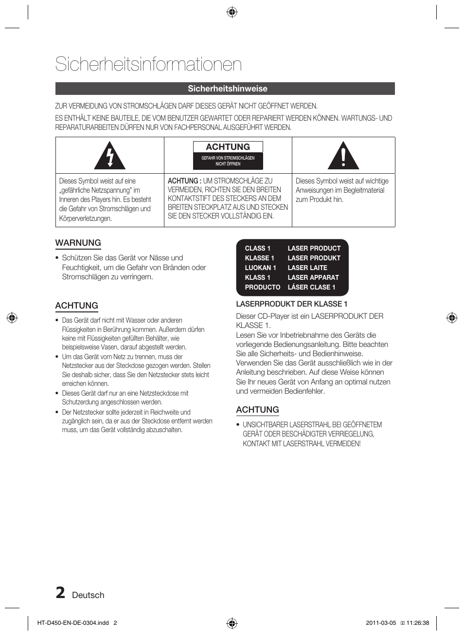 Sicherheitsinformationen | Samsung HT-D450 User Manual | Page 86 / 168