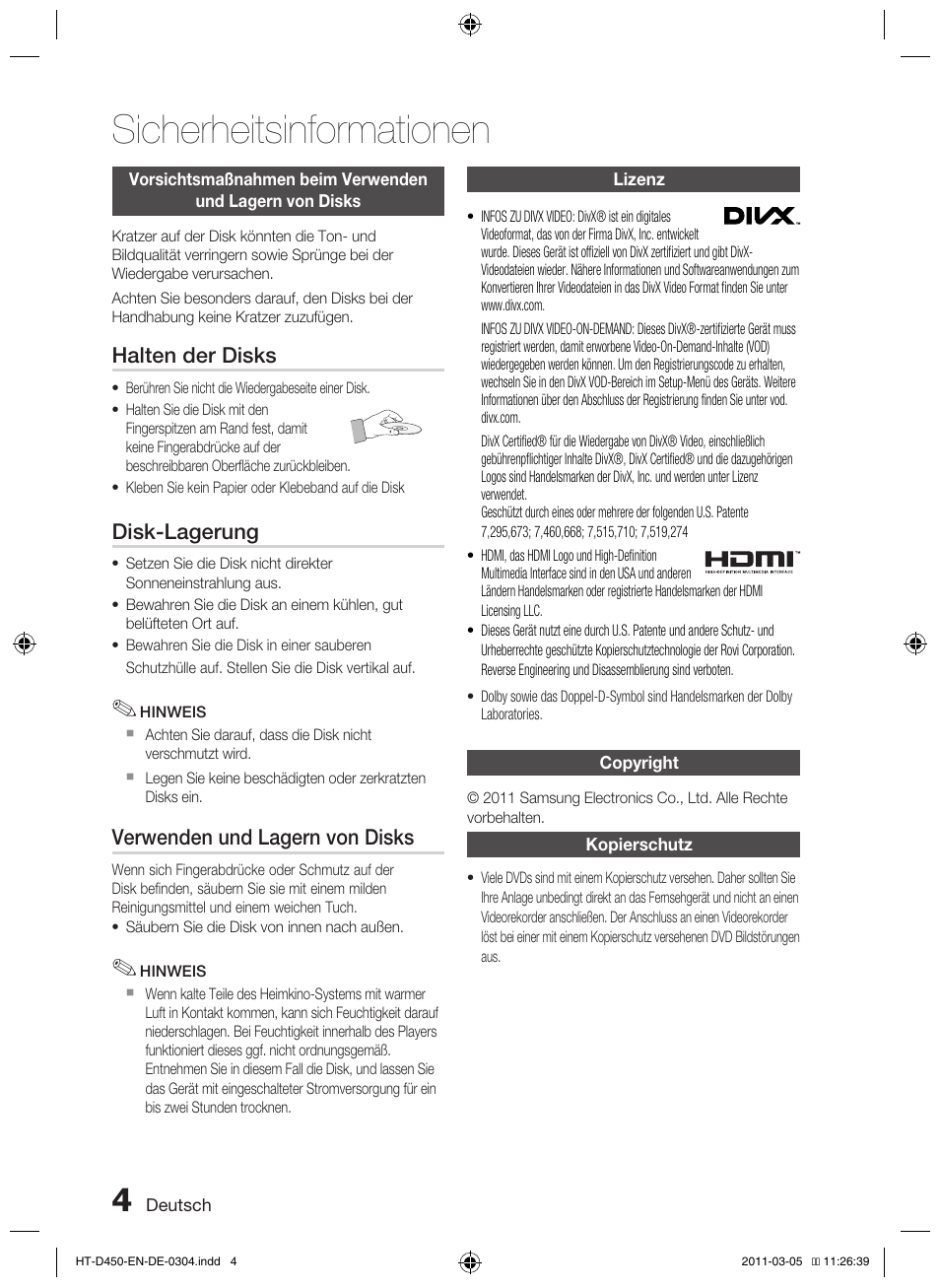 Sicherheitsinformationen, Halten der disks, Disk-lagerung | Verwenden und lagern von disks | Samsung HT-D450 User Manual | Page 88 / 168