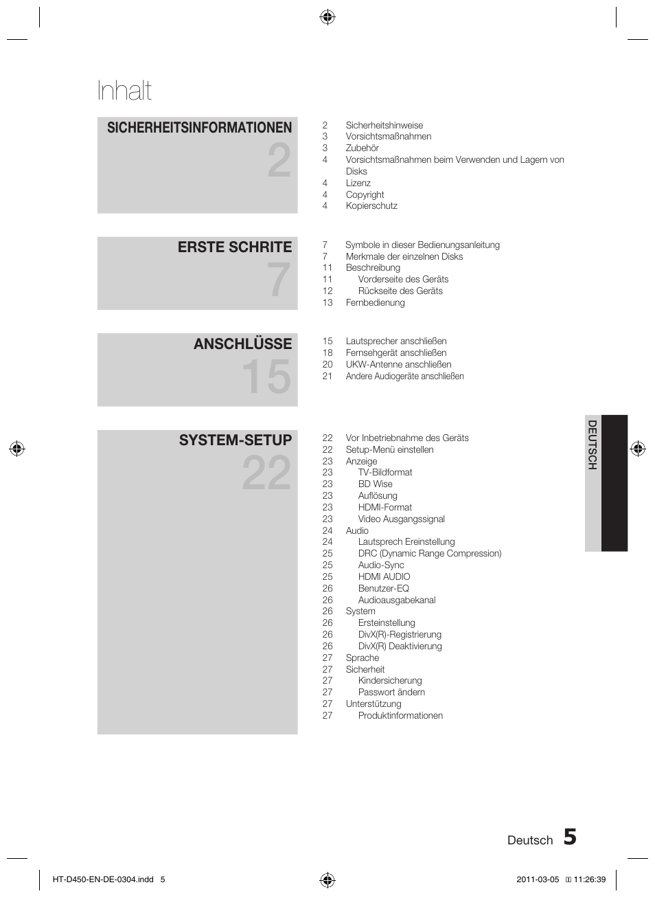 Inhalt, Sicherheitsinformationen, Erste schrite | Anschlüsse, System-setup | Samsung HT-D450 User Manual | Page 89 / 168